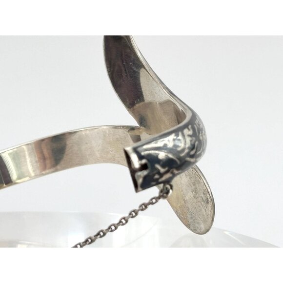 Siam Sterling Silver Bypass Style Hinged Nielloware Thai Made Vintage Bracelet - Picture 16 of 16